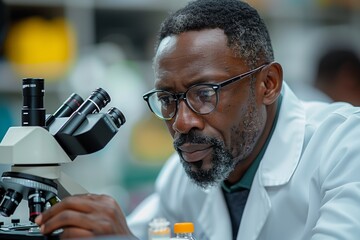 Poster - a focused scientist examining samples under a microscope in a laboratory