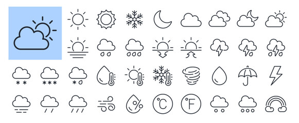 Weather and meteorology editable stroke outline icons set isolated on white background flat vector illustration. Pixel perfect. 64 x 64.