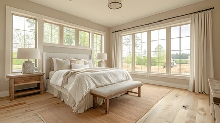 Wall Mural - Gorgeous modern farmhouse bedroom with large windows, soft lighting and comfortable furniture in an elegant setting. The room features wood flooring and a natural landscape outside the glass.