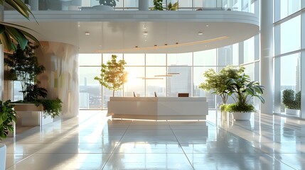 Wall Mural - Modern office interior with a white ceiling, large windows and light-colored furniture. Bright room lighting with sun rays shining through the glass walls, creating long shadows on the floor.