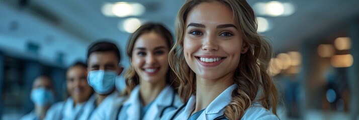 Wall Mural - Joyous doctor and colleagues in healthcare facility.