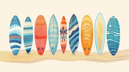 Wall Mural - Flat vector illustration of surfing board on tropical sandy beach