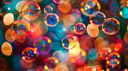 A mesmerizing array of colorful bubbles floating through the air, catching the light in a dazzling display.