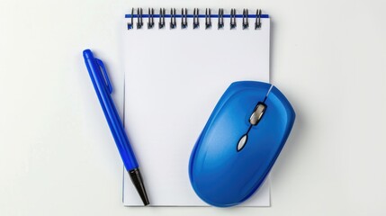 Wall Mural - Blue mouse notepad pen on white background Top view with text space