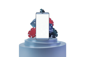 Poster - An illustration featuring a smartphone with a blank screen surrounded by poker chips, on a light blue cylindrical pedestal against a white backdrop, showcasing an online gambling concept. 3D Rendering