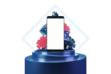Aufkleber - Smartphone mockup with a blank white screen, casino chips and dice, on a blue podium against a white background, concept of mobile gaming. 3D Rendering