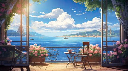 Wall Mural - An open window showing the view of an ocean with blue water