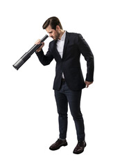 Fototapete - A man in a suit looking through a large telescope, isolated on a white background, representing curiosity or searching