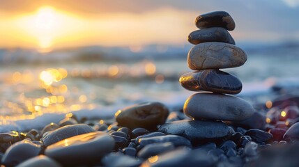 Wall Mural - Zen Stones at Sunset by the Sea