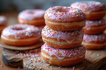 A stack of freshly made donuts covered in pink glaze and rainbow sprinkles, arranged on a rustic wooden table. 