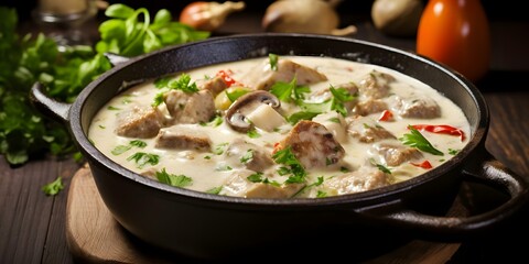 Sticker - Classic French dish Blanquette de veau. Concept French cuisine, Veal dish, Creamy sauce, Traditional recipe