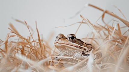Wall Mural - Frog on white surface with brown grass