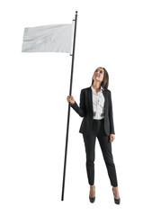 Poster - A woman in a suit holding a blank flag on a pole, presented against a white background, ready for branding designs