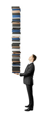 Aufkleber - Man in a suit holding a tall stack of books isolated on a white background representing a concept of knowledge or workload