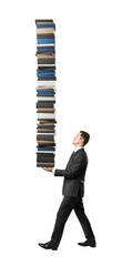 Aufkleber - A man in a suit holding a tall stack of books, set against a white background, depicting the concept of knowledge or workload