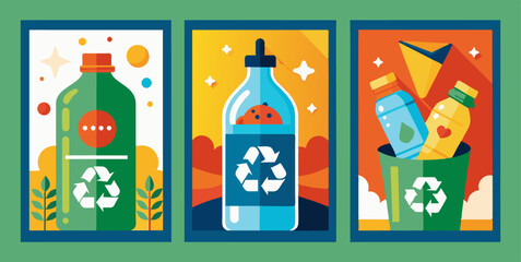 Posters with bottles, recycling bin, geometric shapes, font styles. A set of three posters featuring bottles and a recycling bin, showcasing liquid containers and emphasizing recycling