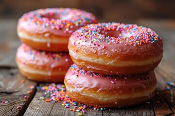 A stack of freshly made donuts covered in pink glaze and rainbow sprinkles, arranged on a rustic wooden table. 