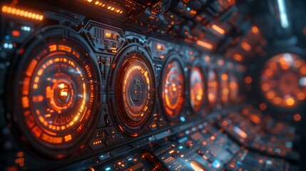 Poster - Futuristic Control Panel With Orange Lights in a Spaceship Cockpit