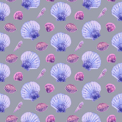 Marine seamless pattern animals, plants, seashell, mollusk, shells. Watercolor illustration Underwater background On grey. Summer vibes, Sea bottom. For fabric, wrapping paper, wallpaper print decor