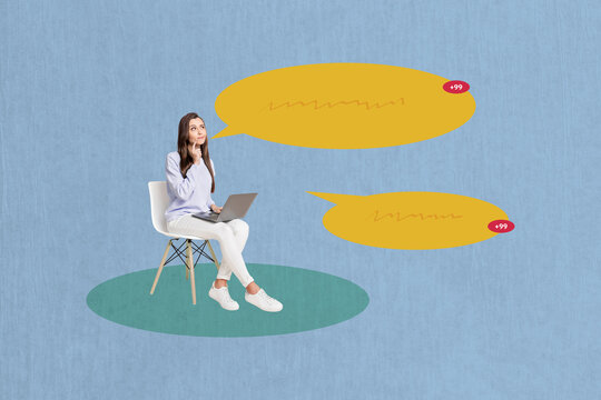 Composite trend artwork sketch image collage of hand hold smartphone laptop notification banner feedback speech cloud lady sit chair work