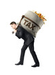 © Who is Danny - A man in a suit struggling to carry a large sack labeled TAX filled with coins, isolated on white, concept of tax burden