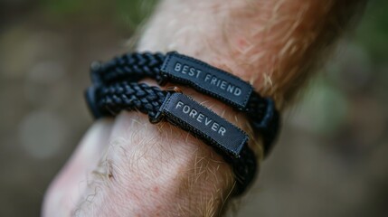 two 'best friends forever' wristbands shown close-up in a hand. show off your 'best friends forever'