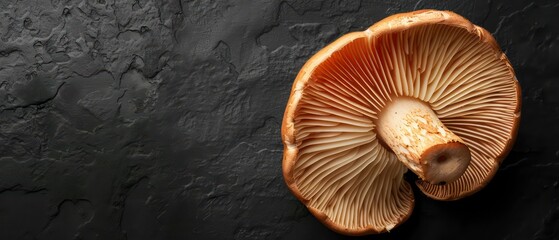 Wall Mural - A mushroom, half revealed, stands out vividly against a dark backdrop, emphasizing its unique structure and the contrast of light and shadow.