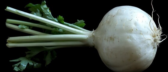 Canvas Print - A single fresh turnip is placed against a textured black background, highlighting its earthy tones and natural beauty in a simple yet striking presentation.