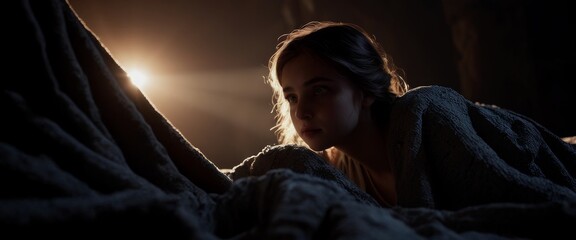 A young girl with glowing eyes staring down