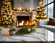 © Asad - Marble table in a festive living room with a decorated Christmas tree and a fireplace, twinkling lights and garlands creating a magical holiday ambiance
