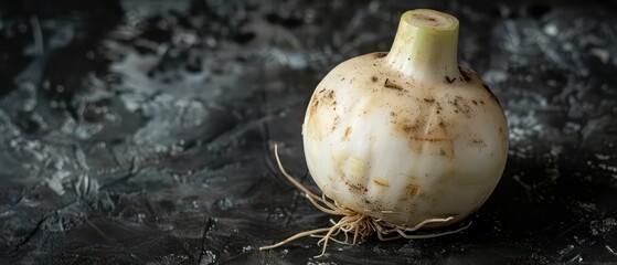 Canvas Print - A single fresh turnip is placed against a textured black background, highlighting its earthy tones and natural beauty in a simple yet striking presentation.