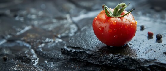 Wall Mural - A fresh tomato and its juicy half are placed over a dark stone, highlighting the natural simplicity and beauty of organic food.