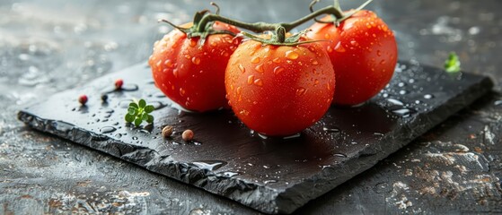 Wall Mural - A fresh tomato and its juicy half are placed over a dark stone, highlighting the natural simplicity and beauty of organic food.