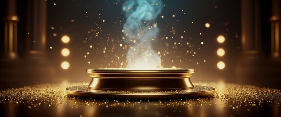 Gold podium with shimmering surface reflecting swirling nebula-l