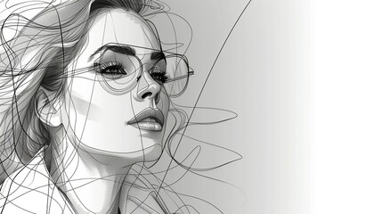 Wall Mural - An elegant, black and white line drawing of a fashion model wearing a stylish outfit, perfect for fashion magazines, blogs, and advertisements. Illustration, Minimalism,