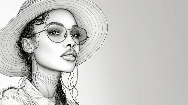 An elegant, black and white line drawing of a fashion model wearing a stylish outfit, perfect for fashion magazines, blogs, and advertisements. Illustration, Minimalism,