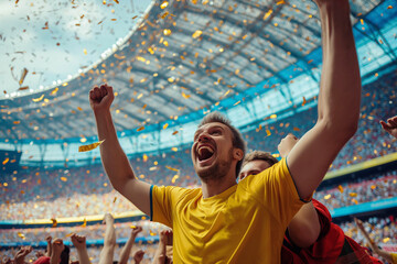 Professional football player in a yellow jersey celebrating a goal during a match, emotions. UEFA, EURO, America's Cup.