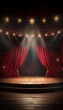 © Sarbinaz Mustafina - Vintage circus stage with red curtain, carnival lights, and spotlight in 3d cartoon style