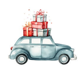 Watercolor retro blue car with Christmas with stack of Christmas presents to the roof isolated on white background.