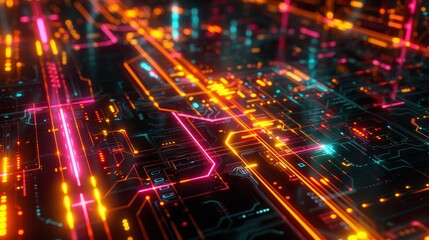 Futuristic blueprint of a digital network with glowing lines and nodes for connections and data exchange.