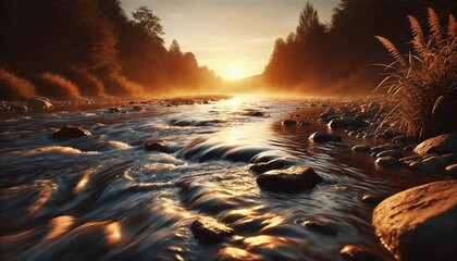 Wall Mural - Long Exposure of River Flowing Gently at Sunset with Warm Reflections - AI generated digital art