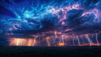 Wall Mural - long exposure of lightning storm illuminating night sky over landscape - ai generated digital art