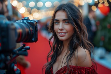 Woman Posing For Camera On Red Carpet At Night