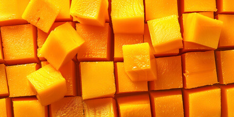 Wall Mural - Cubed mango background, close-up, mango background, top view.