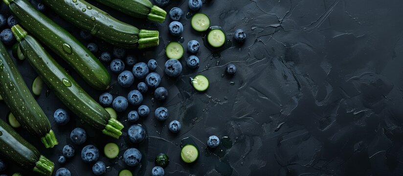 fresh zucchinis and blueberries on dark background for healthy vegan diet and cooking inspiration