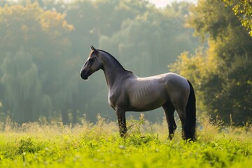 Wall Mural - View from side body of a Arabian Horse standing on grass, Awe-inspiring, Full body shot ::2 Side Angle View