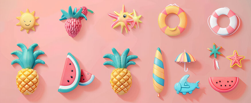 
Summer vibe. Set of cute vector illustrations: logo, watermelon, resort, strawberry, swimsuit, sunglasses, sun, starfish, steering wheel, pineapple, rainbow, lounger, inflatable ring, umbrella