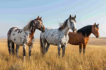 Wall Mural - View from side body of a three Appaloosa Horse standing on grass, Awe-inspiring, Full body shot ::2 Side Angle View