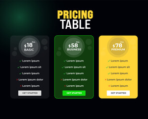 Corporate Pricing plans comparison table. Business product price chart subscription list layout. Features checklist infographic price design