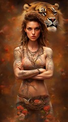 Wall Mural - Tattooed Woman with Intense Gaze. Tattoed woman, lesbian kiss, Erotic print, bodyart colorful poster, LGBTQ